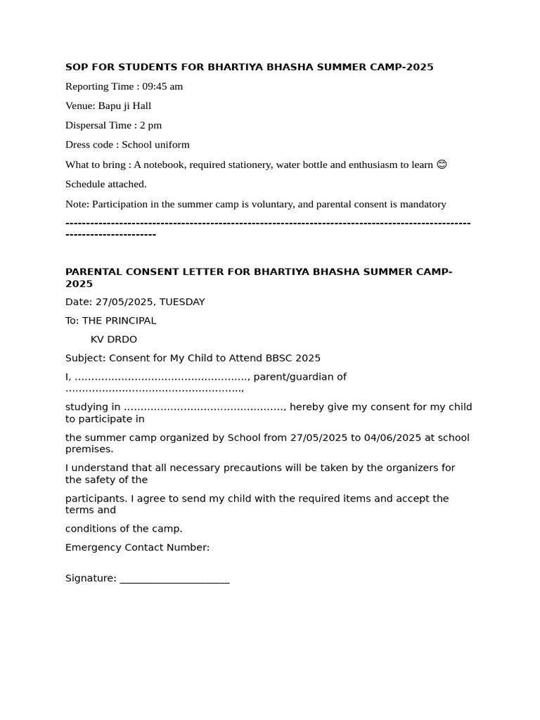 Parental Consent Letter For Bhartiya Bhasha Summer Camp | PDF