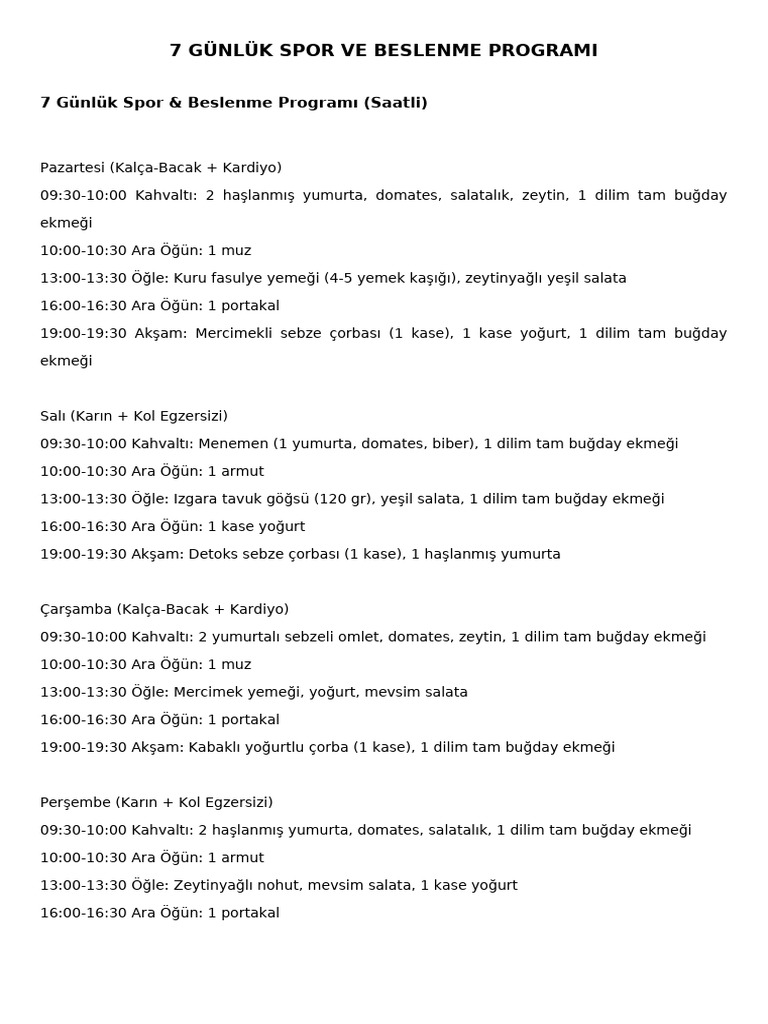 7 Gunluk Beslenme Ve Spor Programi Saatli 0930 Kahvalti | PDF