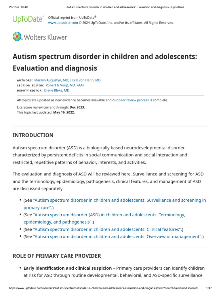 Autism Spectrum Disorder in Children and Adolescents - Evaluation and ...