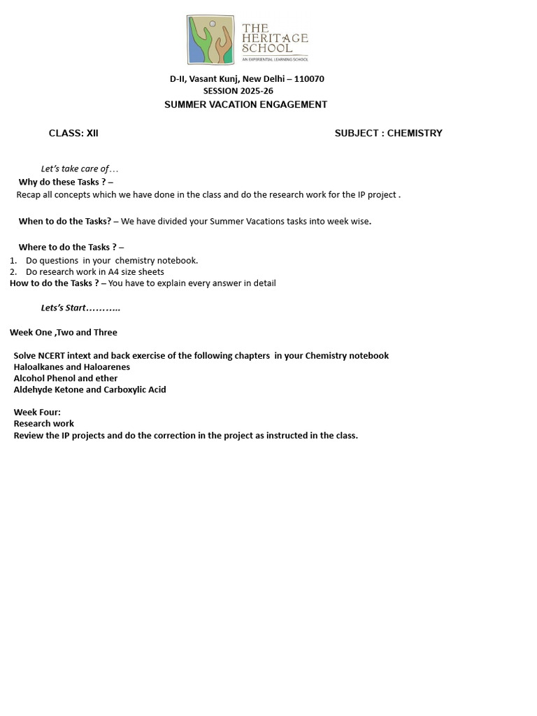 Summer Chemistry Tasks for Class XII | PDF