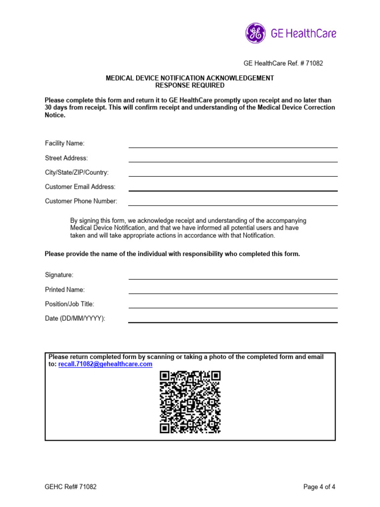 GE HealthCare Medical Device Acknowledgment | PDF