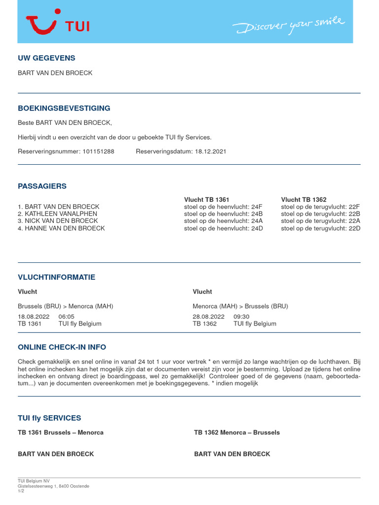 Uw Gegevens: Vlucht TB 1361 Vlucht TB 1362 | PDF