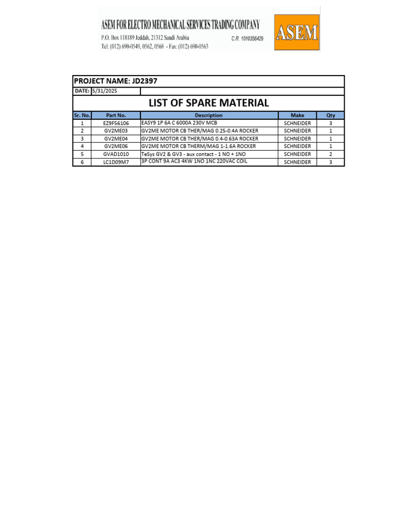 List of Spare Material - Jd2397 | PDF