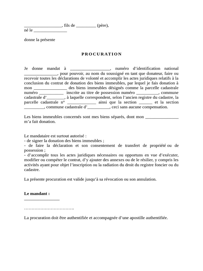 Modèle de procuration pour donation | PDF