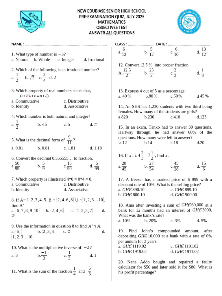 July 2025 SHS Math Quiz Questions | PDF | Numbers | Algebra