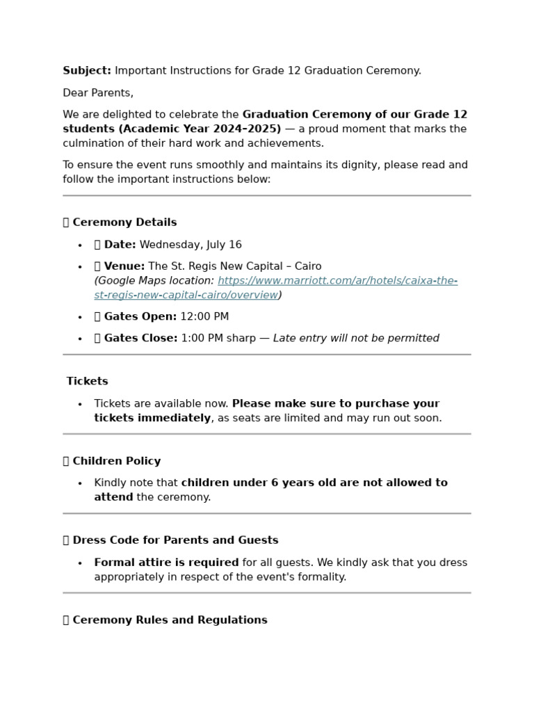 Grade 12 Graduation Ceremony Instructions | PDF