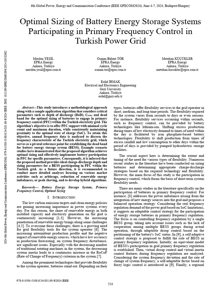 Optimal Battery Sizing for Turkish Grid PFC | PDF | Electrical Grid ...
