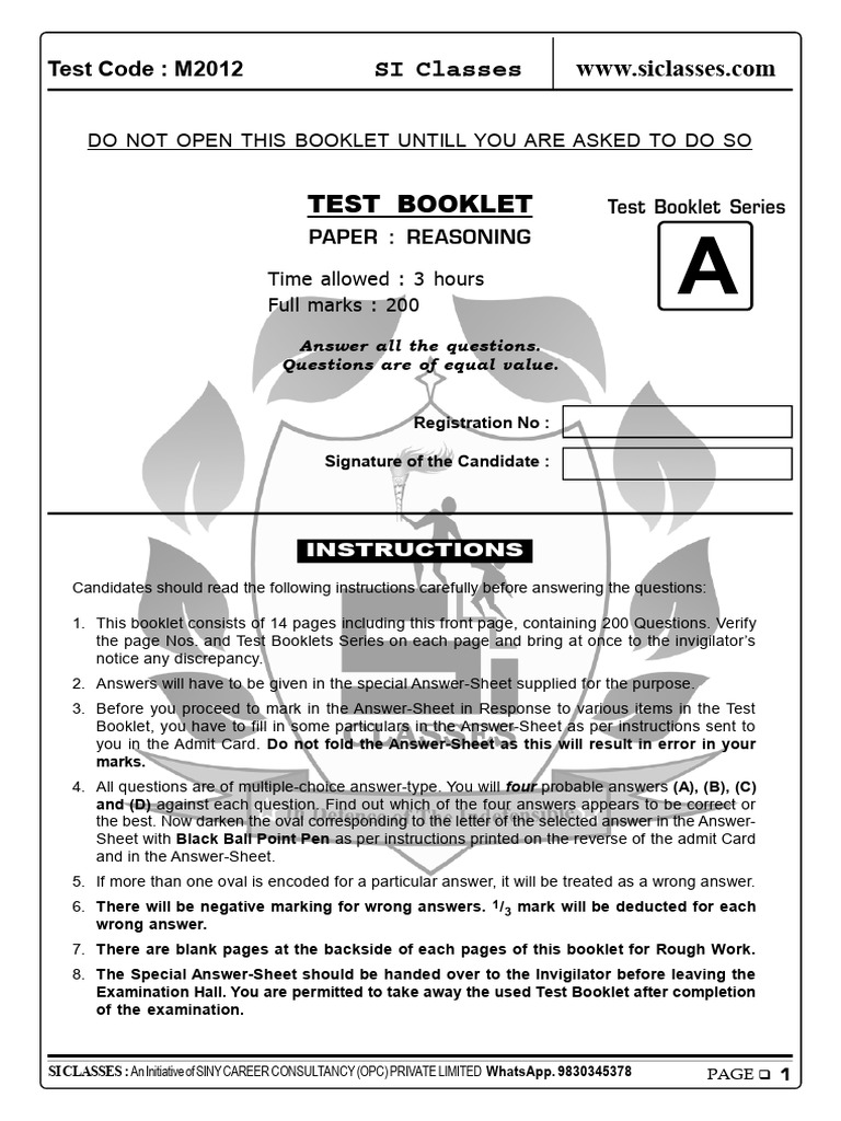 Reasoning Mock Test Paper M2012 | PDF | Multiple Choice