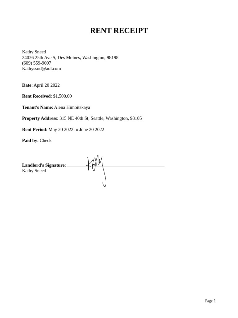 Rent Receipt for Alena Himbitskaya | PDF
