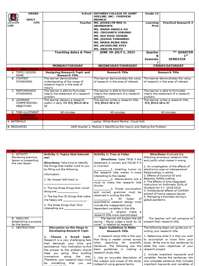 Grade 12 Practical Research Lesson Plan | PDF | Word | Learning