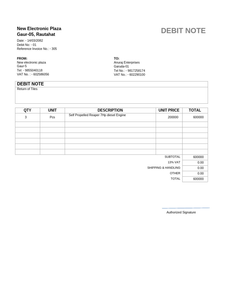 Debit Note Format - 1 | PDF