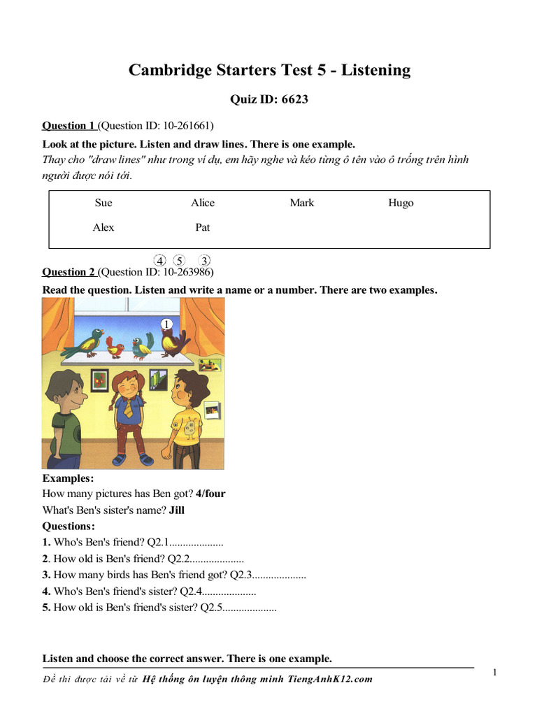 Cambridge Starters Test 5 - Listening: Quiz ID: 6623 | PDF