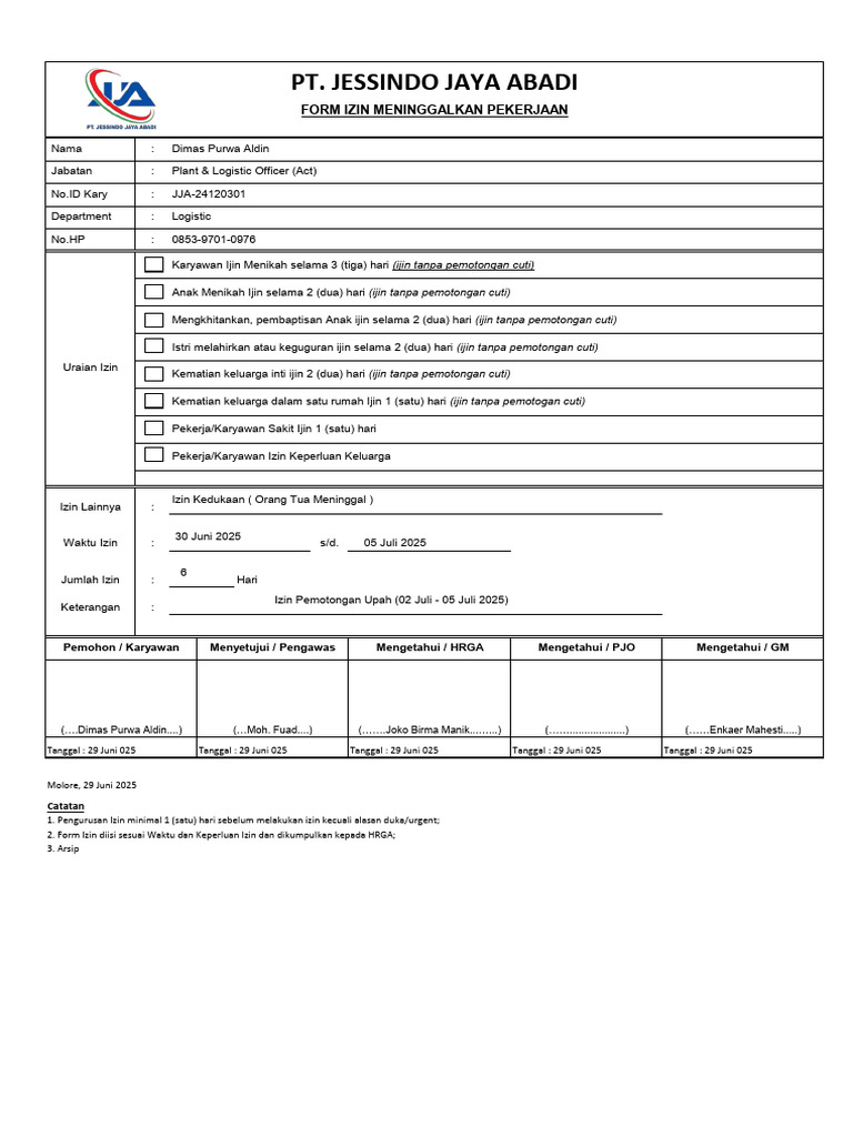 Form Izin Dimas Purwa Aldin | PDF