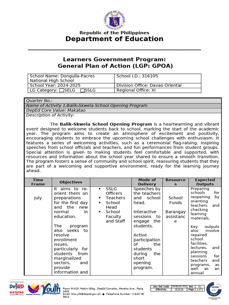 GPOA - LGP 2024 25 Balik Skwela School Opening Program | PDF | Learning ...