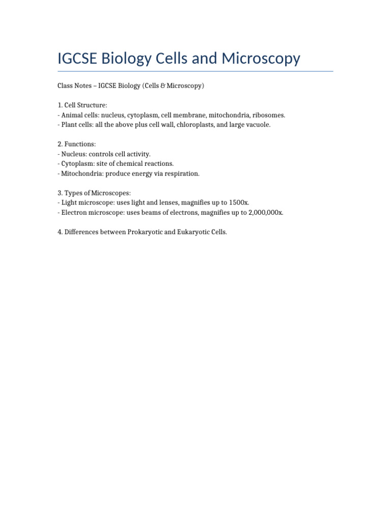 IGCSE Biology: Cells & Microscopy Notes | PDF