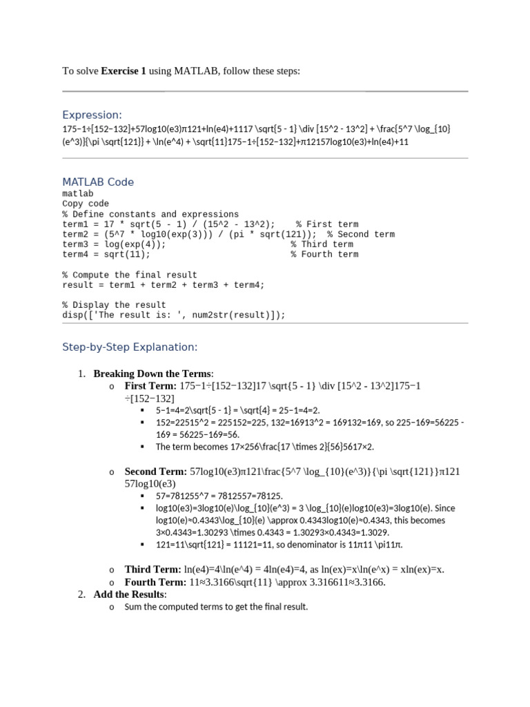 MATLAB Code for Math Exercise 1 | PDF