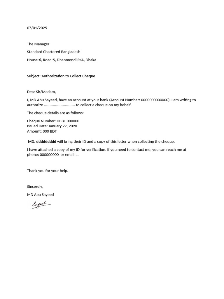 Authorization Letter for Cheque Collection | PDF