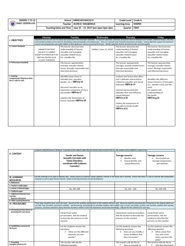 Grade 8 MAPEH Daily Lesson Log | PDF | Learning | Hiv/Aids