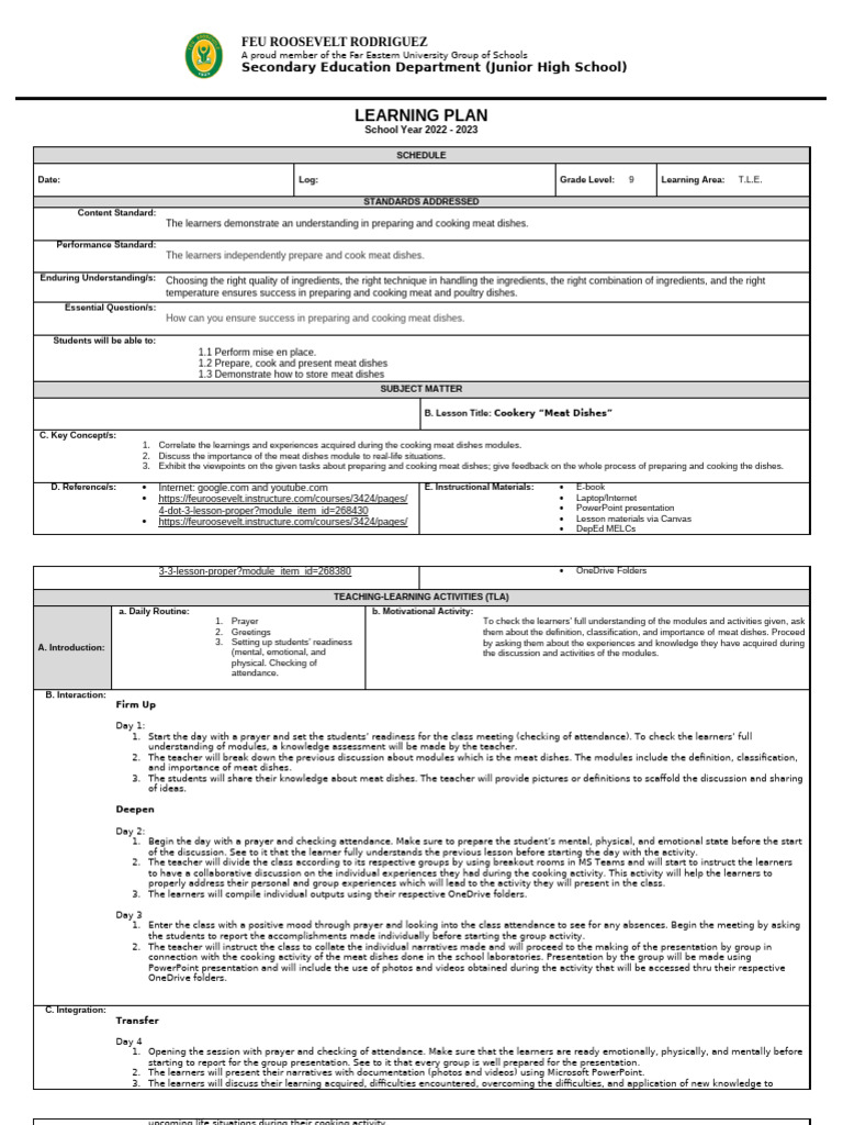 Cookery Learning Plan: Meat Dishes | PDF | Cooking | Teachers