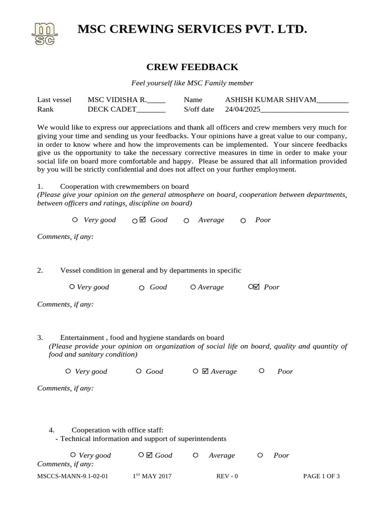 MSC Crew Feedback Survey Results | PDF