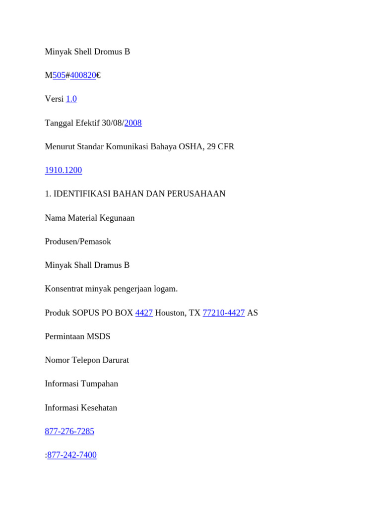 Lembar Data Keselamatan Minyak Shell Dromus B | PDF