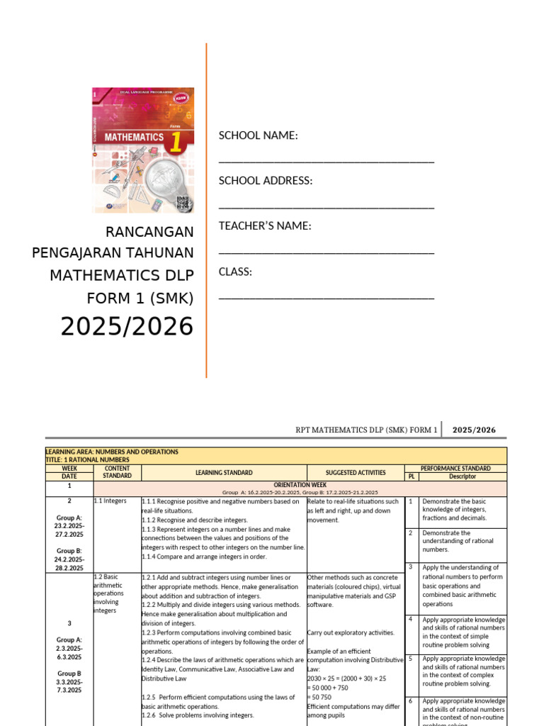 Annual Mathematics RPT Form 1 2025/2026 | PDF | Equations | Numbers