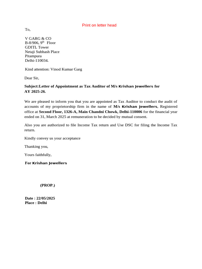 Tax Auditor Appointment Letter 2025 | PDF