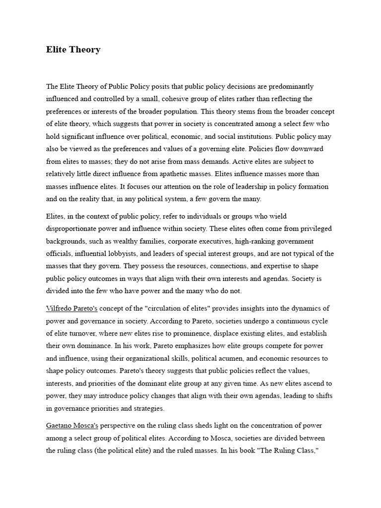 Elite Theory in Public Policy Explained | PDF | Policy | Elite
