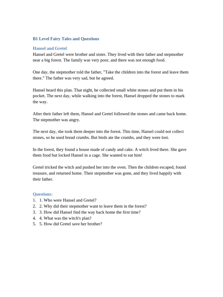 Fairy Tales and Questions for Kids | PDF | Hansel And Gretel | Snow White