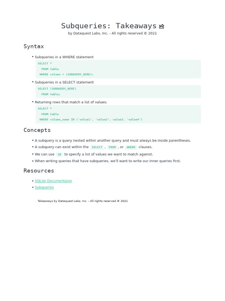 Understanding SQLite Subqueries | PDF