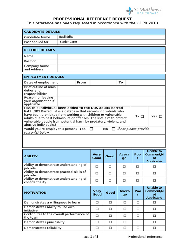 Professional Reference Request Form | PDF