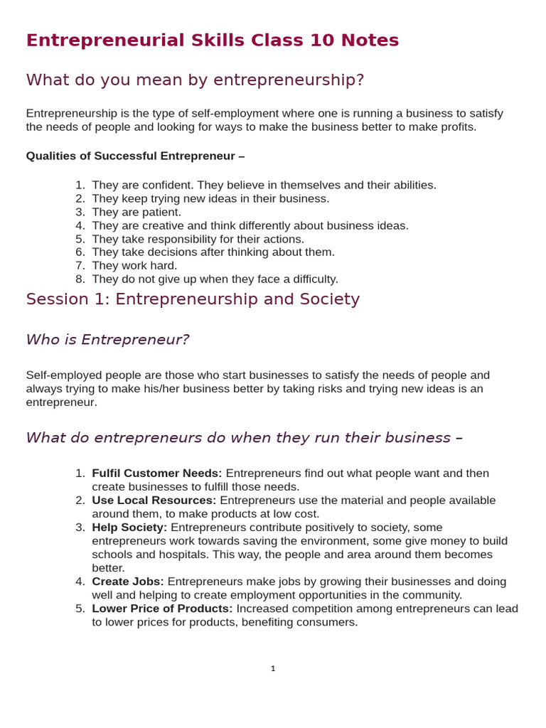 10 Class Entrepreneurship Skills Notes | PDF | Entrepreneurship | Economics