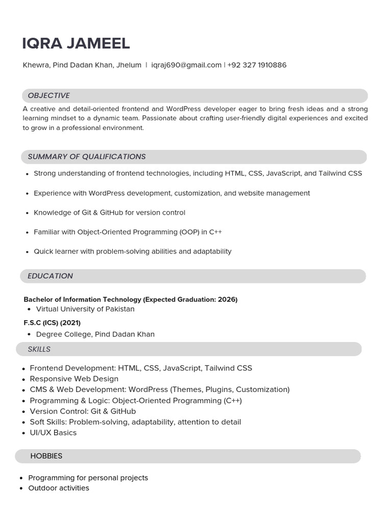 Iqra Jameel: Objective | PDF