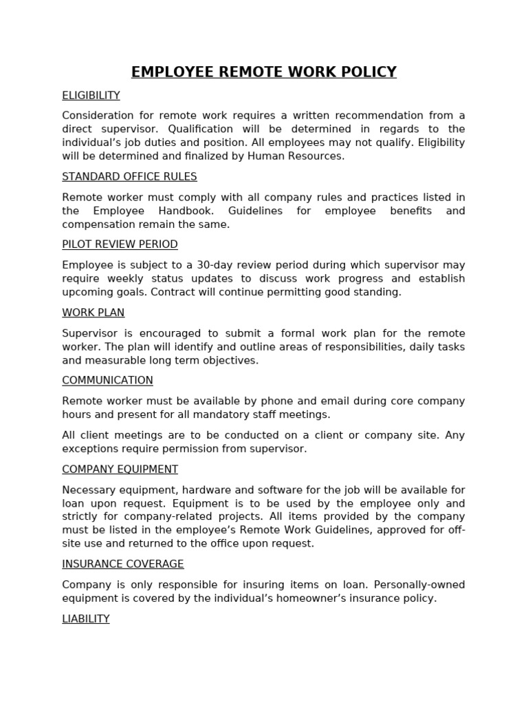 Remote Work Policy Guidelines | PDF | Employment | Insurance