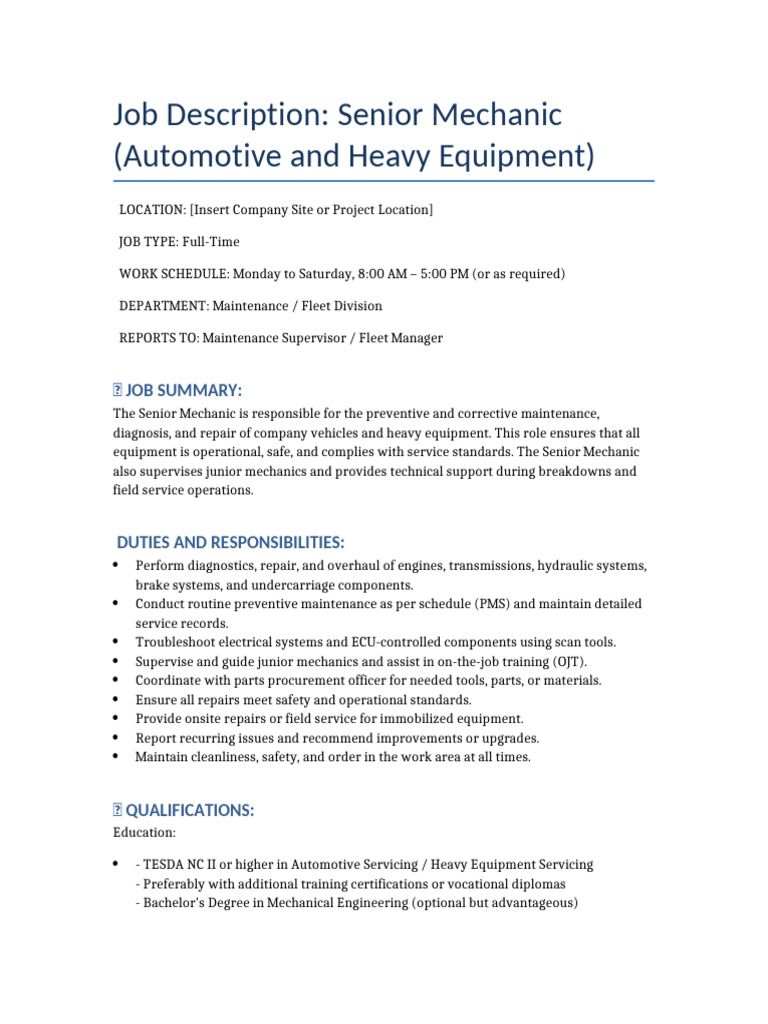 Senior Mechanic Job Description | PDF | Heavy Equipment | Vehicles