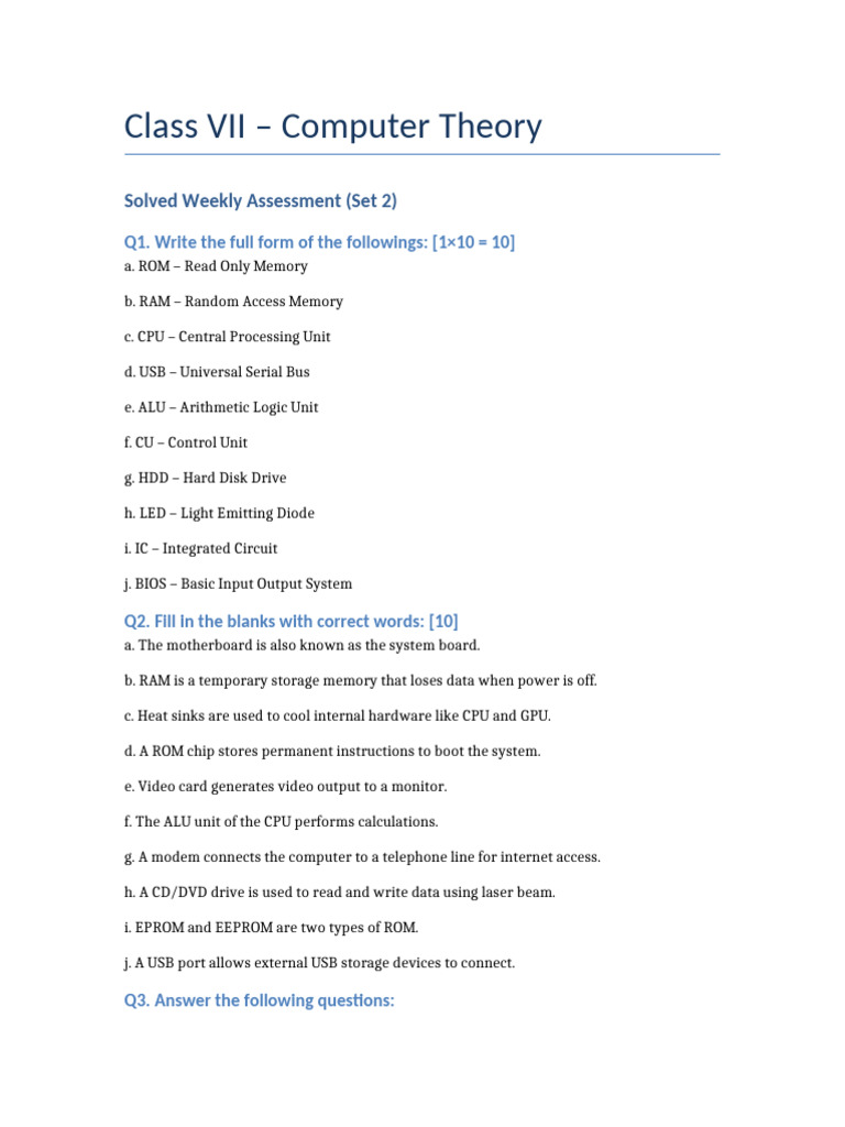 Class VII Solved Computer Test 1 | PDF