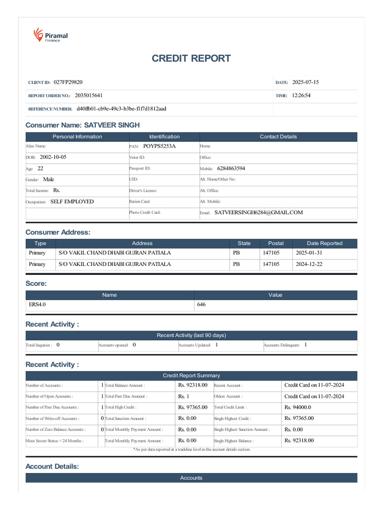 Credit Report Summary for Satveer Singh | PDF | Credit History | Credit ...