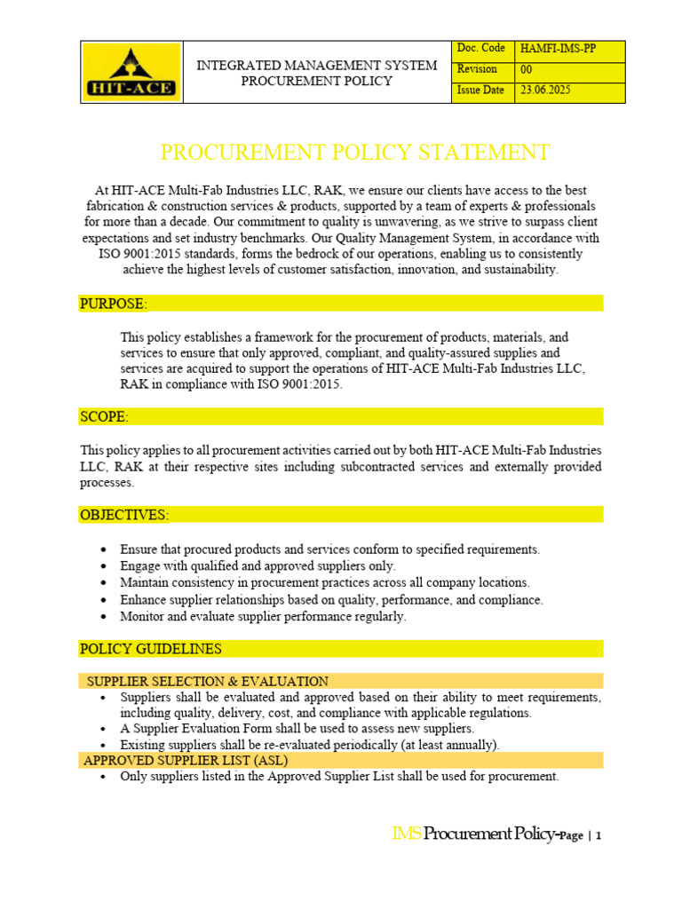 HAMFI-IMS-PP-Procurement Policy | PDF | Supply Chain | Regulatory ...