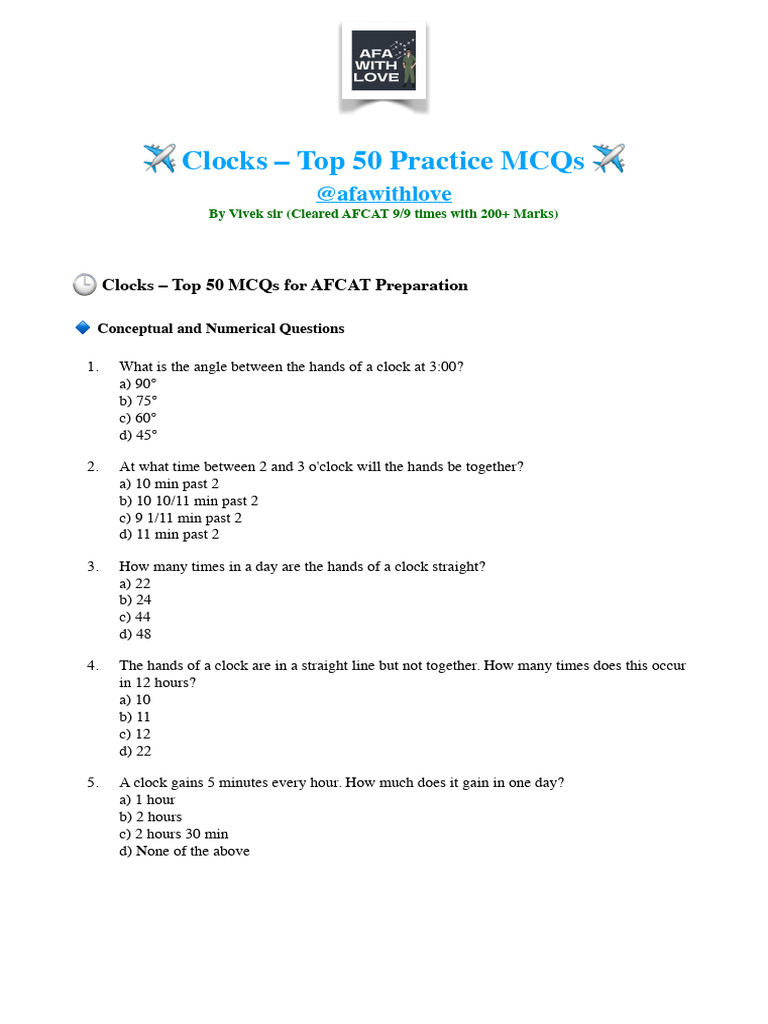 AFCAT Clock MCQs Practice Questions | PDF | Clock