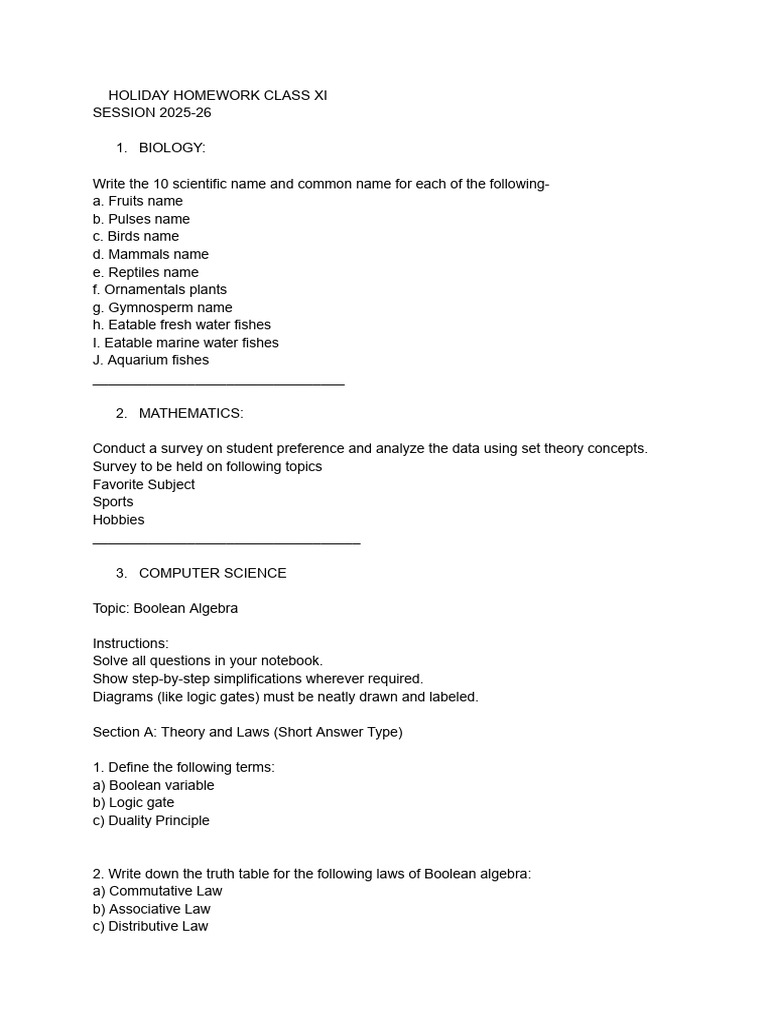 Class XI Holiday Homework 2025-26 | PDF | Boolean Algebra | Teaching ...