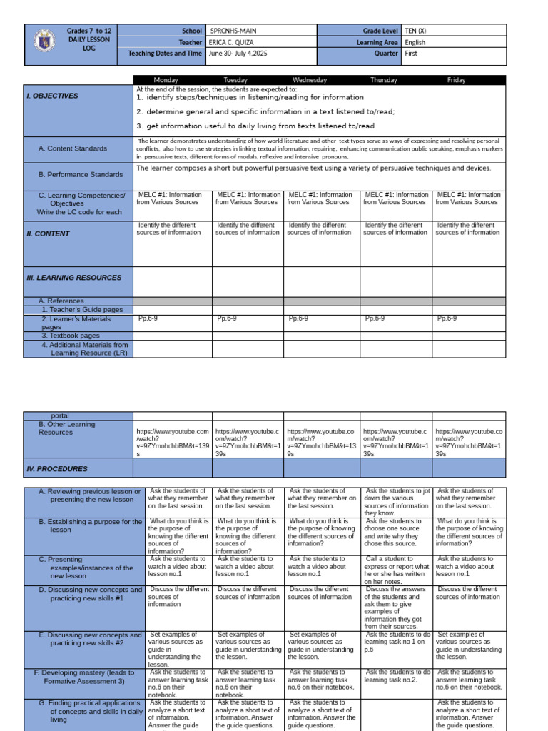 English Lesson Plan for Grade 10 | PDF | Learning | Information