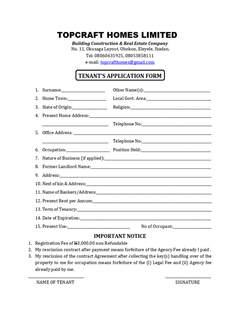 Topcraft Homes Tenants Data Form - 240927 - 120757 | PDF | Leasehold ...