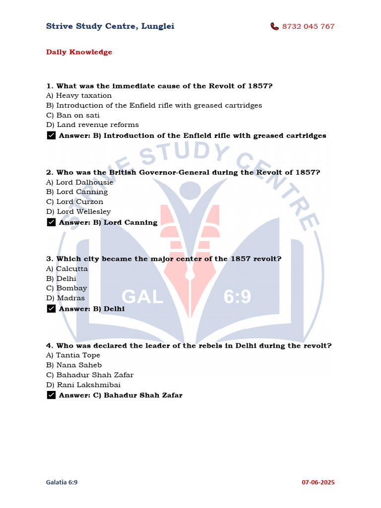 Strive Daily Knowledge 07062025 | PDF | Indian Rebellion Of 1857 ...