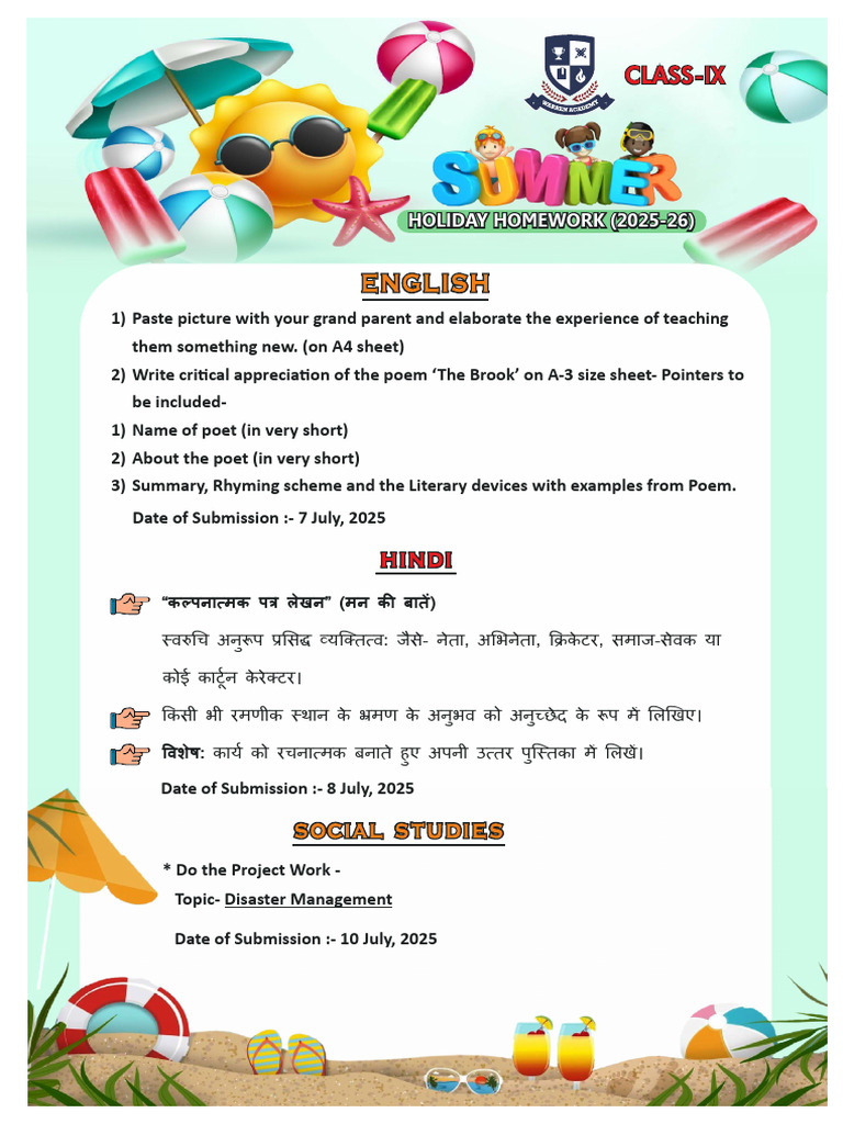 Summer Holiday Homework Class-IX With Subject PDF | PDF