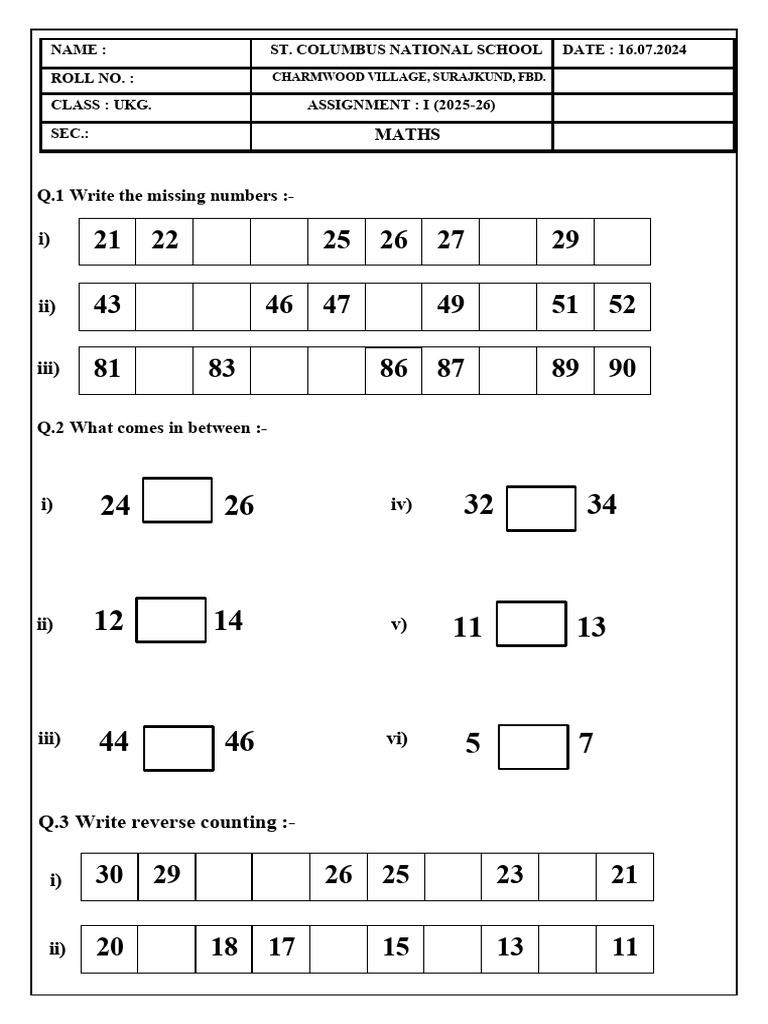 UKG Maths Assignment 2025-26 | PDF