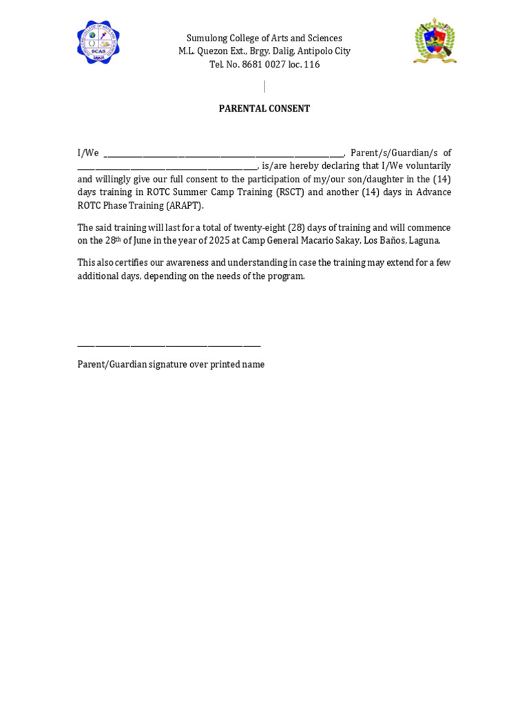 Parental Consent for ROTC Training | PDF