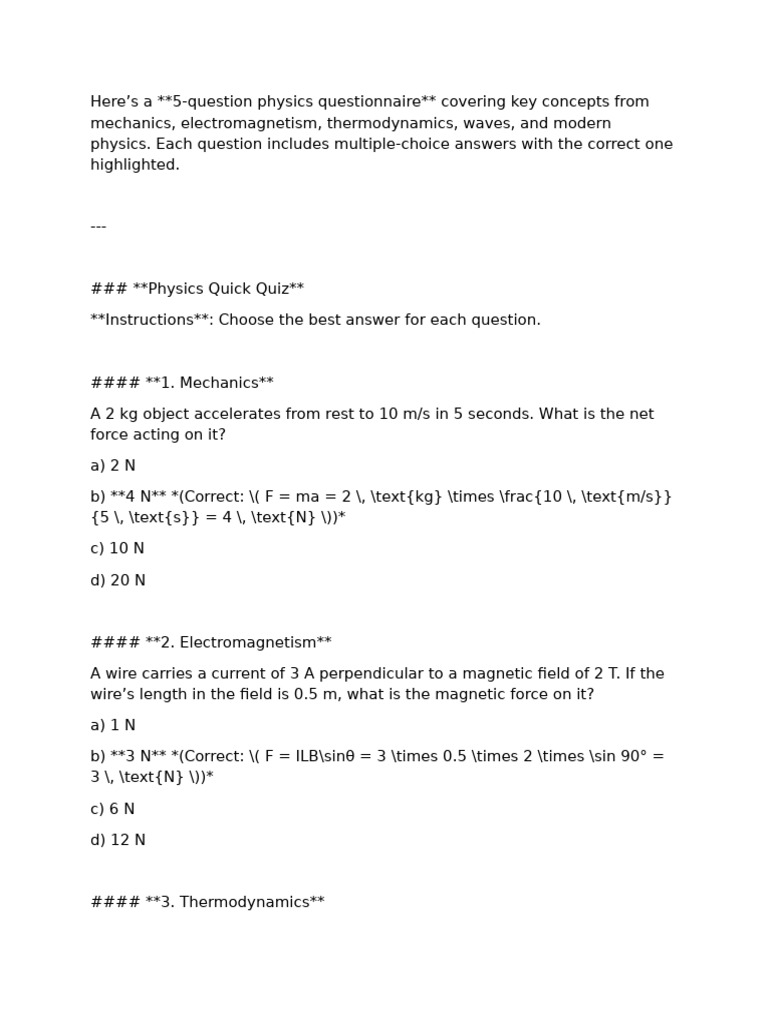 Physics 72a Questionnaire | PDF