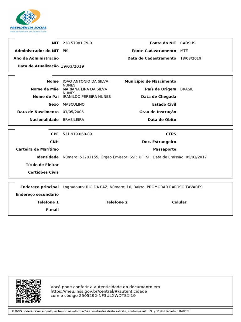Fonte do NIT no Cadsus INSS | PDF