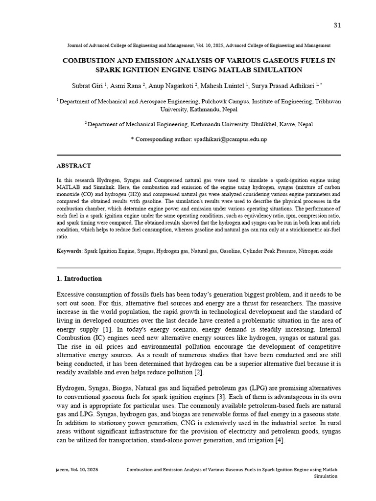Combustion and Emission Analysis of Various Gaseous Fuels in Spark ...