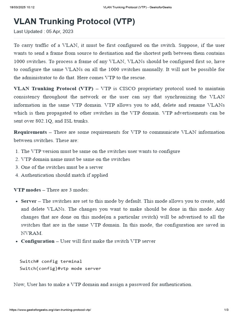 Understanding VLAN Trunking Protocol (VTP) | PDF | Network Architecture ...